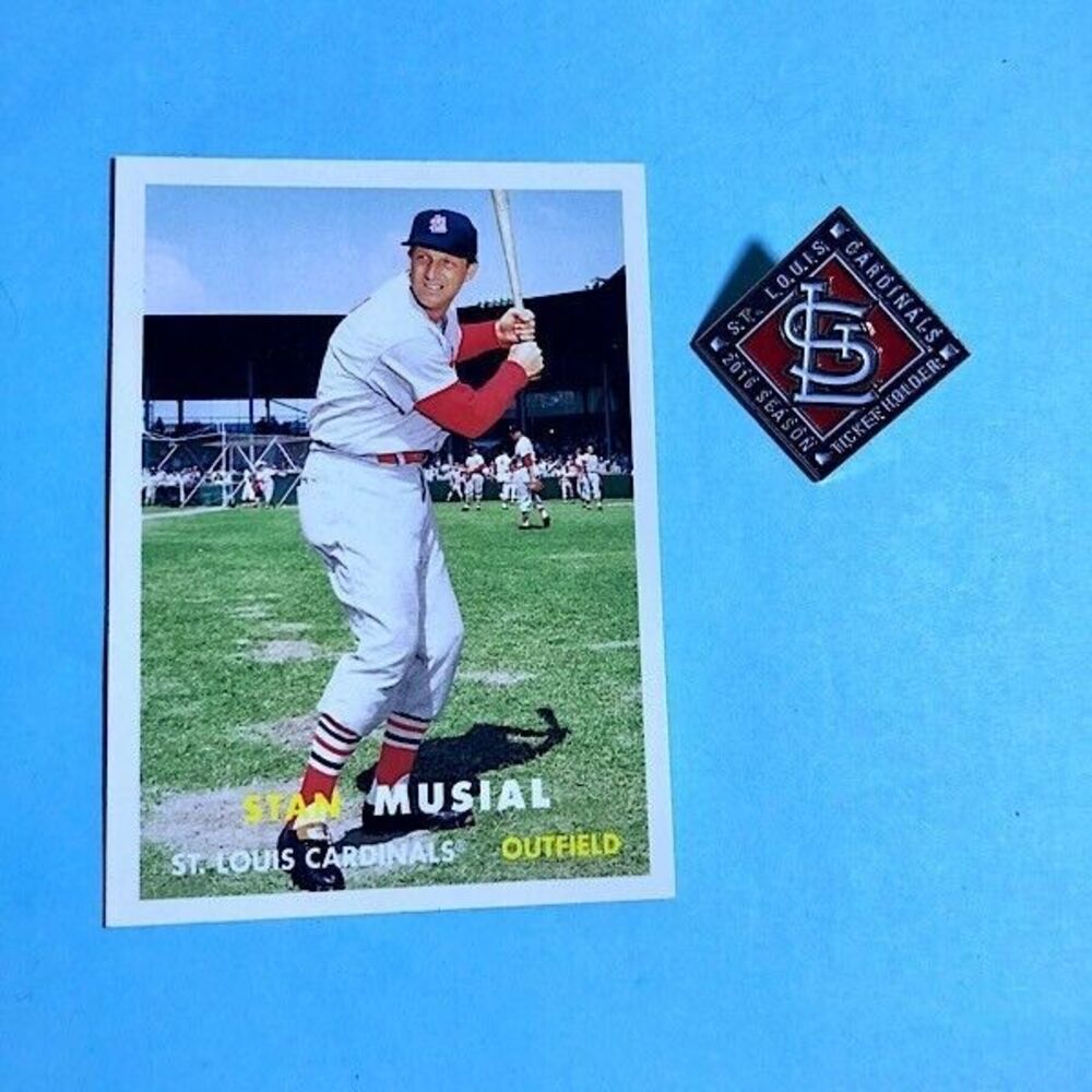 2016 StL Cardinals Season Tickt Hder Pin + 2011 Topps Stan Musial '57 lost Card